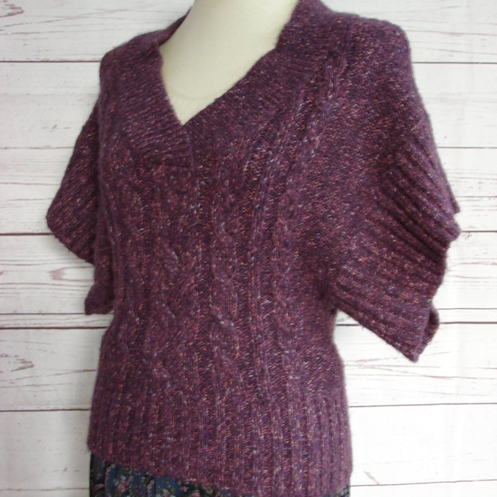 Purple Pink Flecks Cable Knit V Sweater S/Sleeve